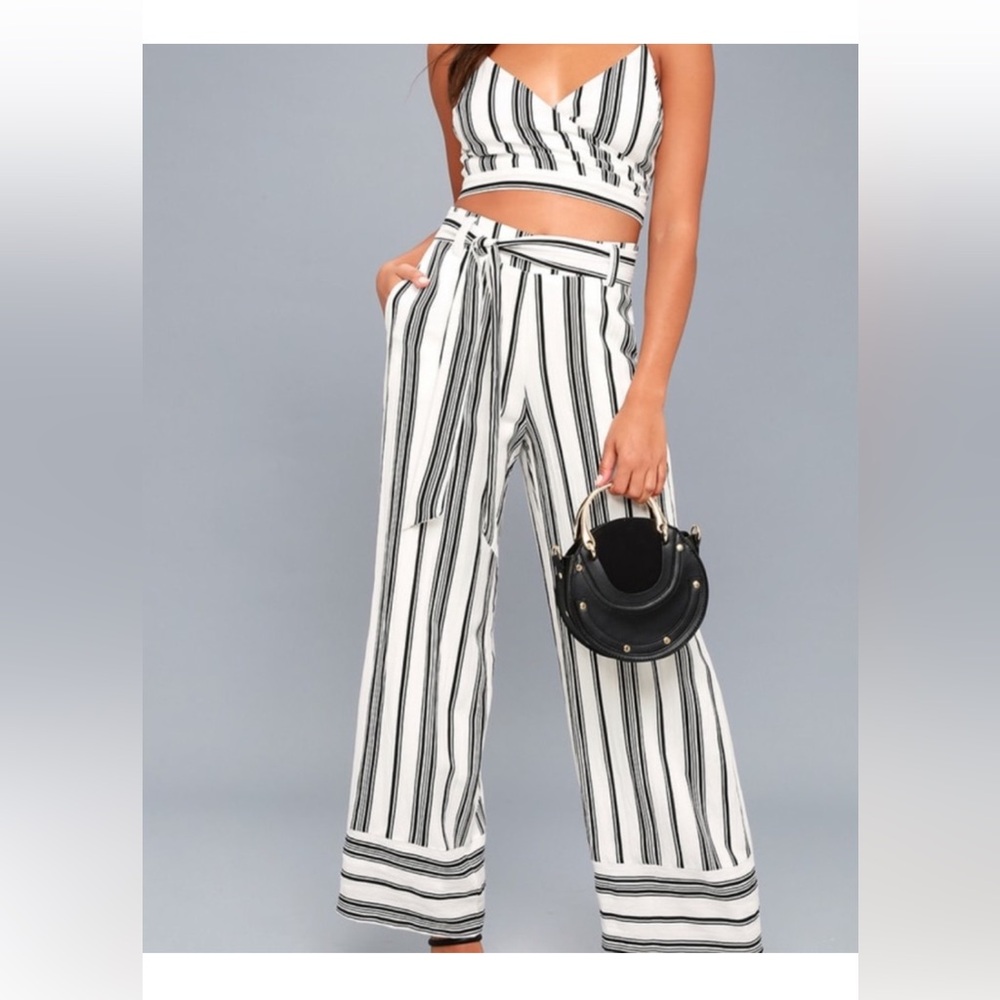Lush 2 Piece Black & White Striped Pant Suit Wide Legged Crop Tank Top Small S